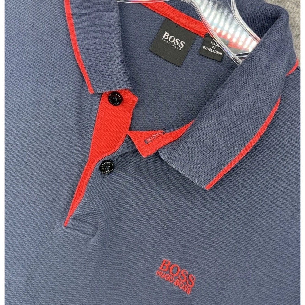 Hugo Boss Polo Shirt Mens M Navy Blue Red Trim Cotton Pique Logo Short Sleeve